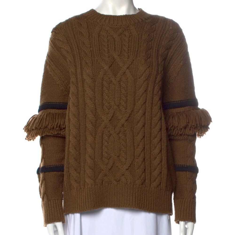 Pearl Lela Rose - Brown Fringe Cable Sweater (wool blend) - Size Small (S)